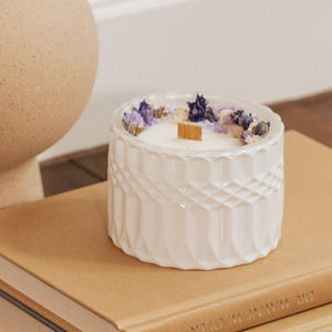 Cabane - sustainable floral design studio in Newport Beach CA shipping French-style, eco-chic bouquets, home décor, and gifts across California - Floral Candle - 100% natural 7 oz hand-poured candle decorated with dried flowers - www.fromcabane.com