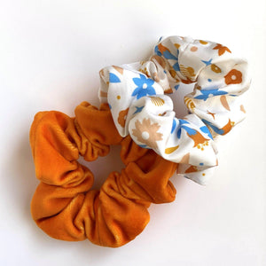 Cabane - sustainable floral design studio in Newport Beach CA shipping French-style, eco-chic bouquets, home décor, and gifts across California - Duo of Scrunchies - Printed organic cotton and Solid velvet - www.fromcabane.com